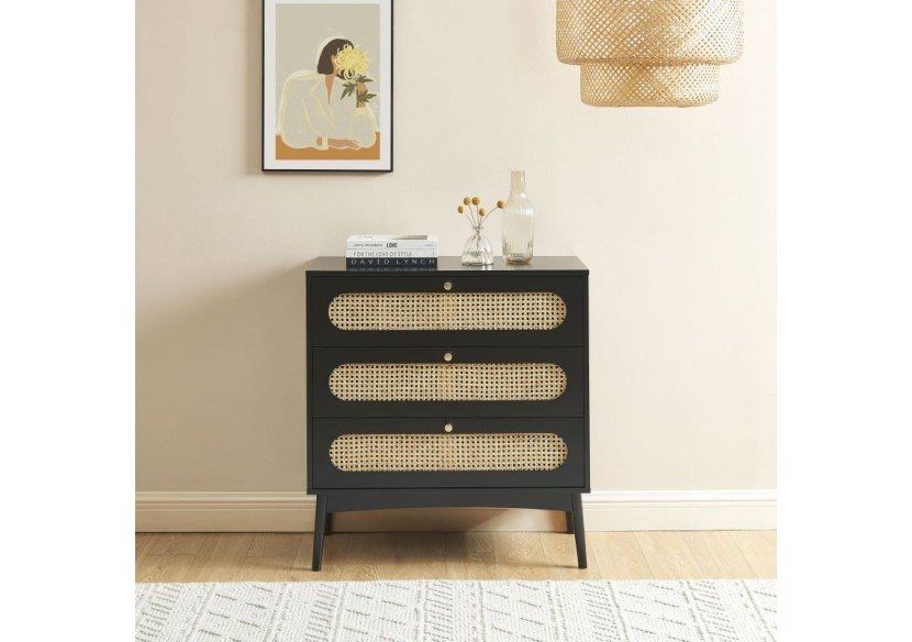 Commode ANATOLE noir et cannage rotin