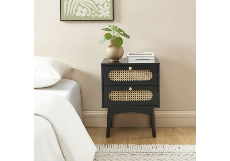 Table de chevet ANATOLE noir et cannage rotin 2