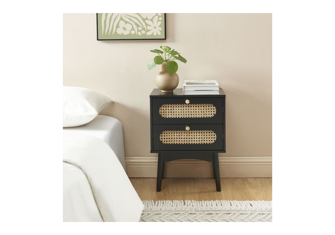 Table de chevet ANATOLE noir et cannage rotin
