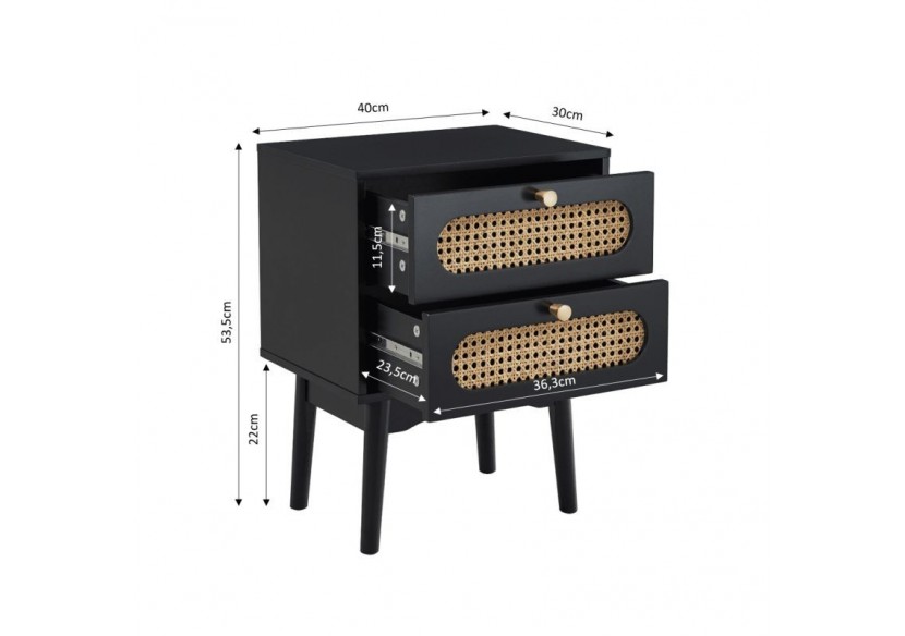 Table de chevet ANATOLE noir et cannage rotin