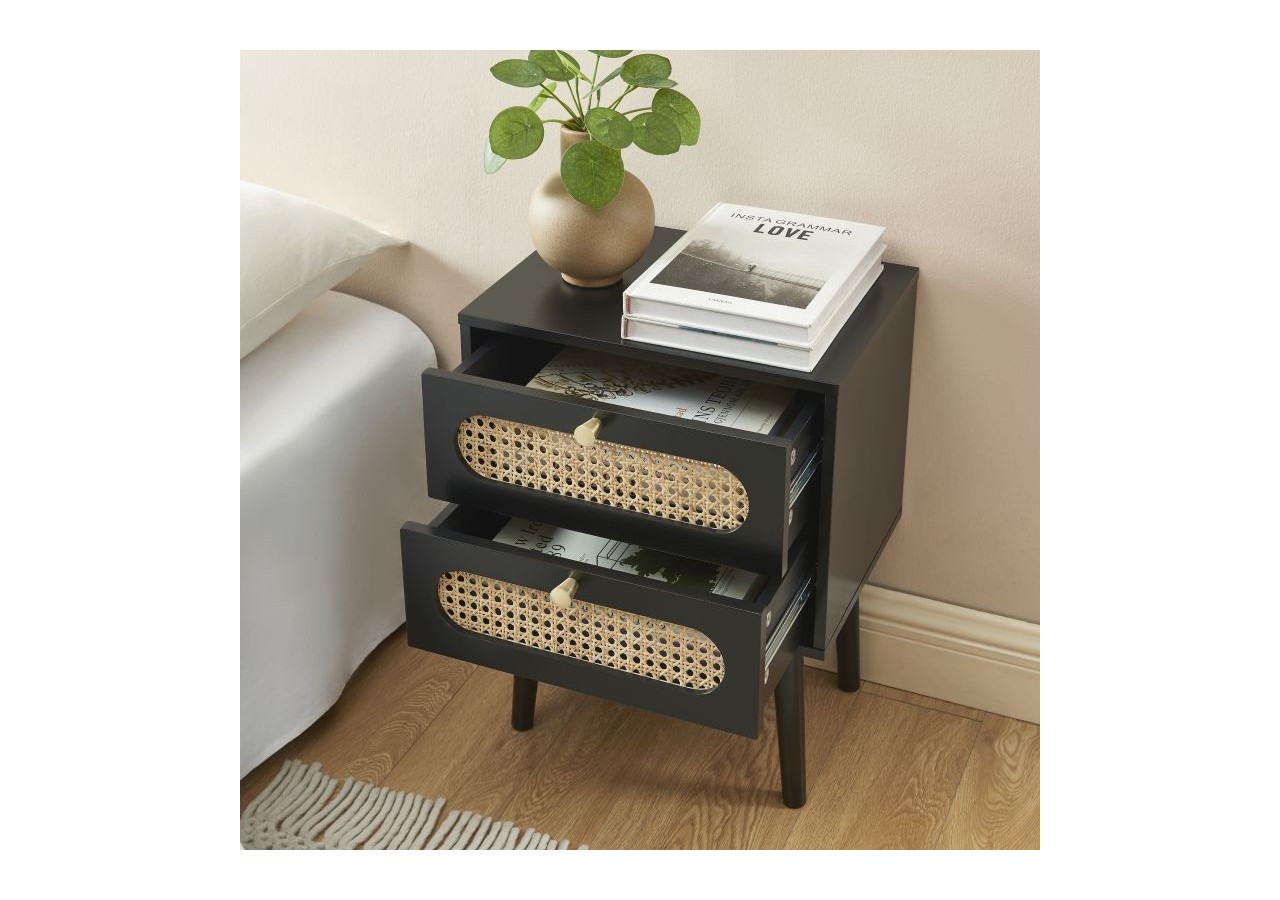 Table de chevet ANATOLE noir et cannage rotin