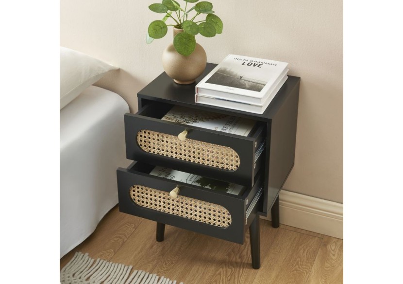 Table de chevet ANATOLE noir et cannage rotin