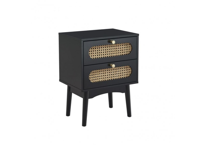 Table de chevet ANATOLE noir et cannage rotin