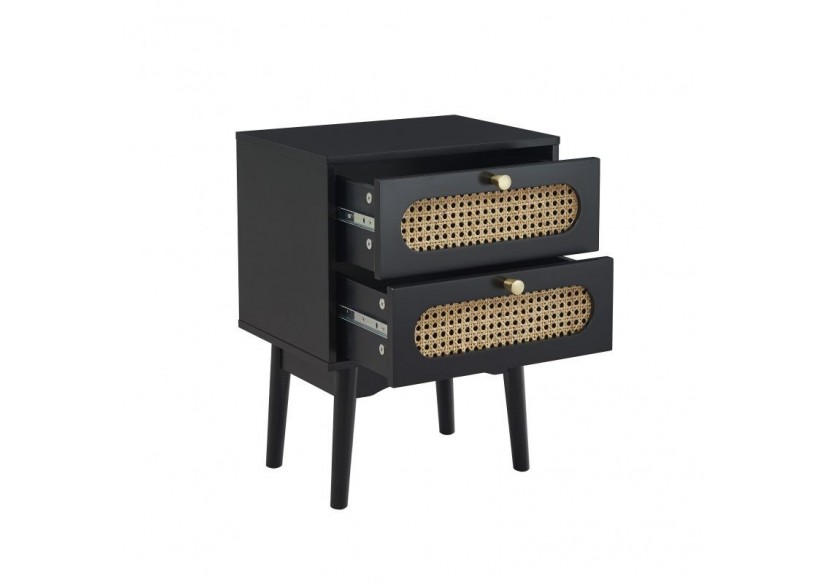 Table de chevet ANATOLE noir et cannage rotin