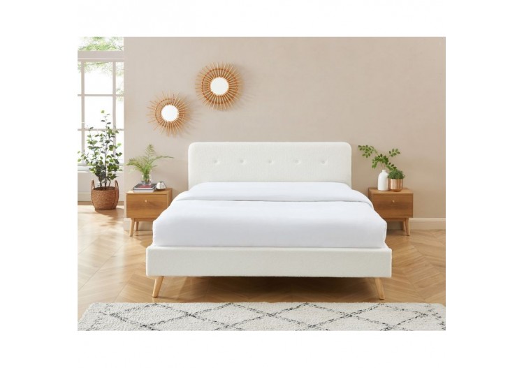 Lit double ANDREAS bouclette blanche sommier 140x190cm inclus 2