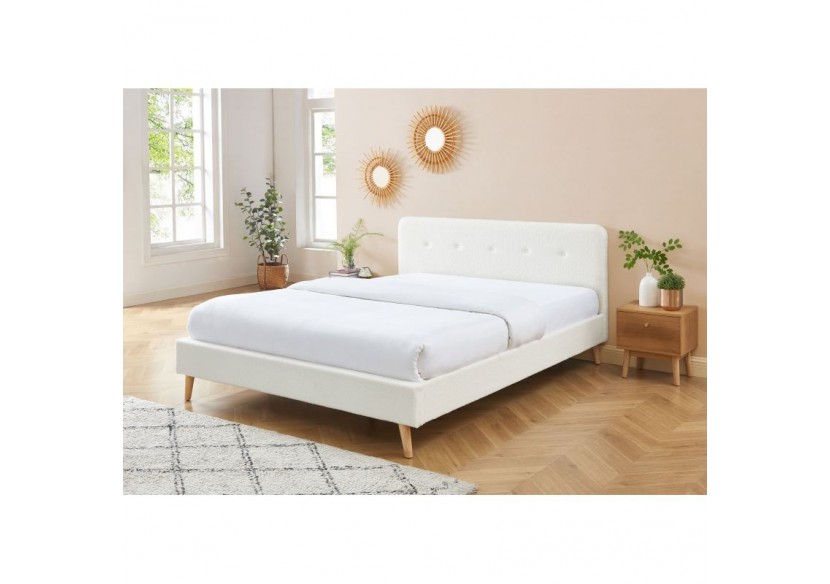 Lit double ANDREAS bouclette blanche sommier 140x190cm inclus