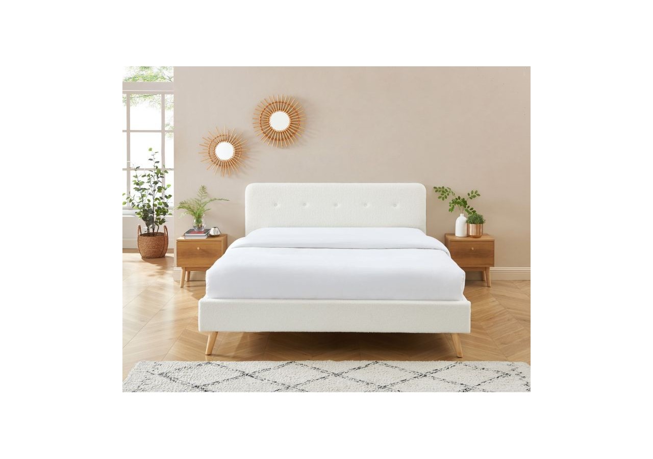 Lit double ANDREAS bouclette blanche 160x200 sommier inclus