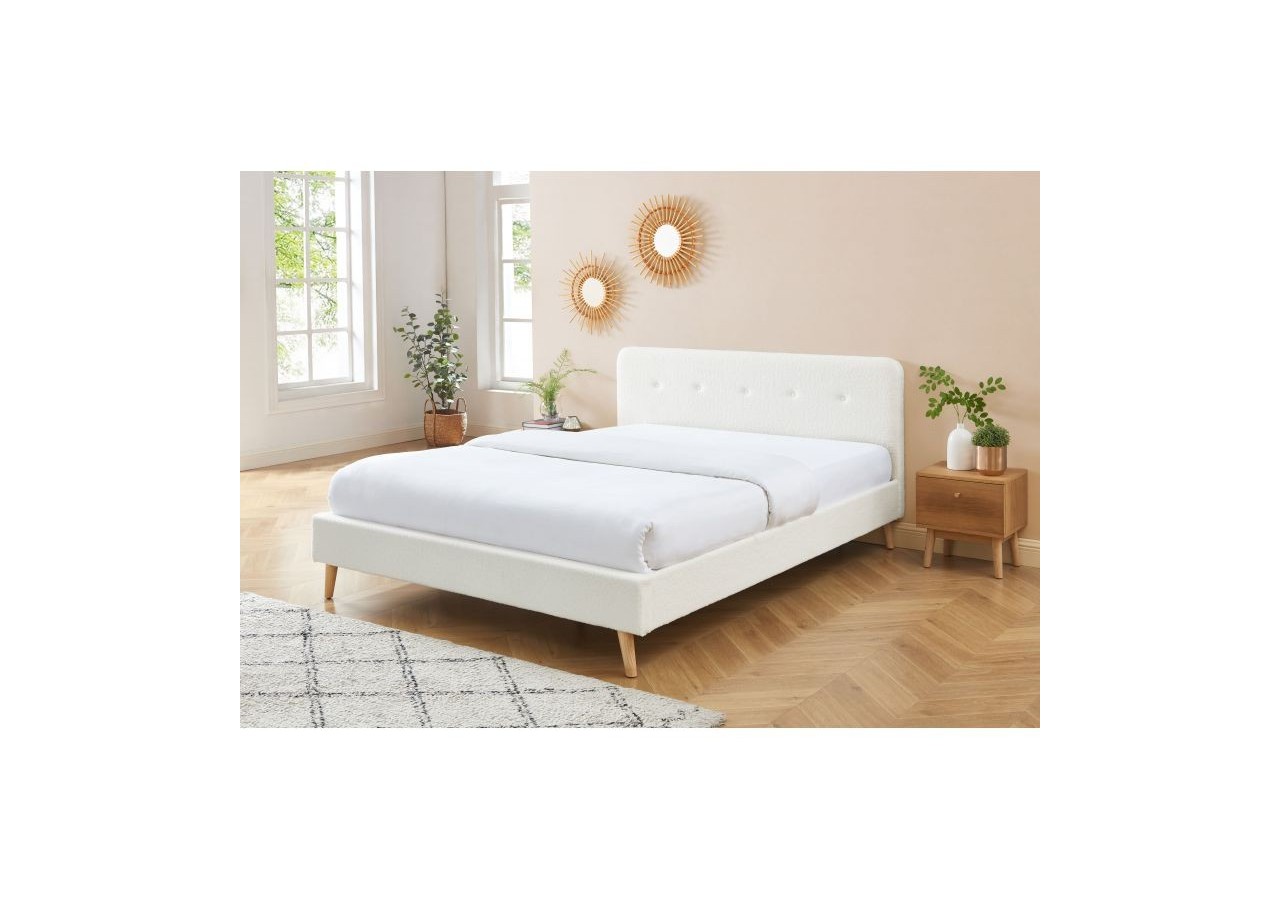 Lit double ANDREAS bouclette blanche 160x200 sommier inclus