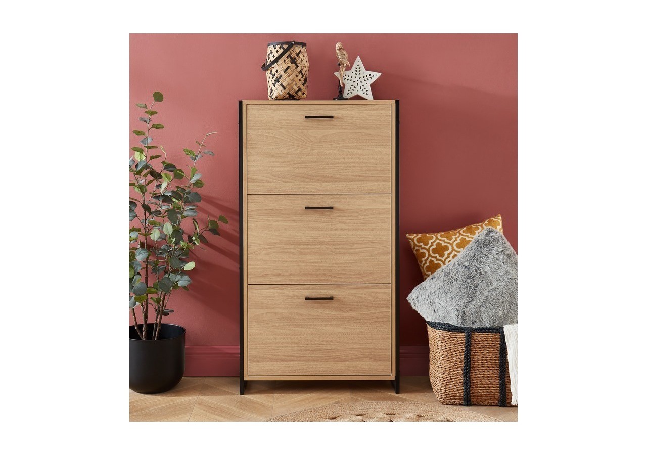 Meuble à chaussures ARCHI effet chêne et métal noir 3 portes 63cm