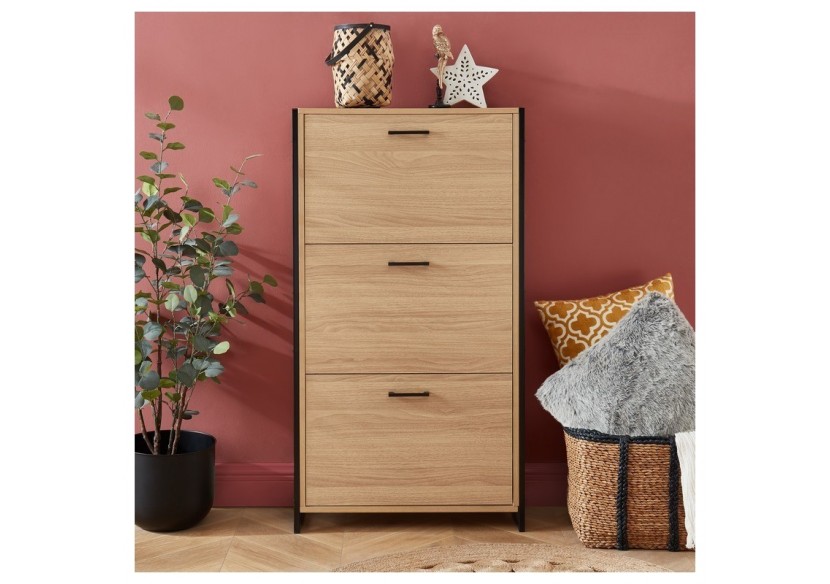 Meuble à chaussures ARCHI effet chêne et métal noir 3 portes 63cm