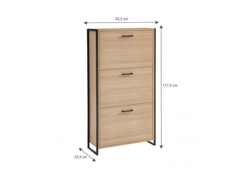 Meuble à chaussures ARCHI effet chêne et métal noir 3 portes 63cm