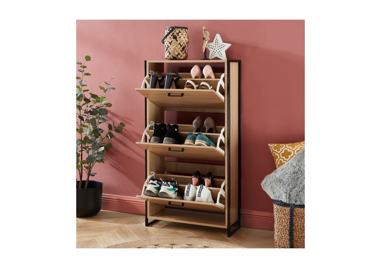 Meuble à chaussures ARCHI effet chêne et métal noir 3 portes 63cm