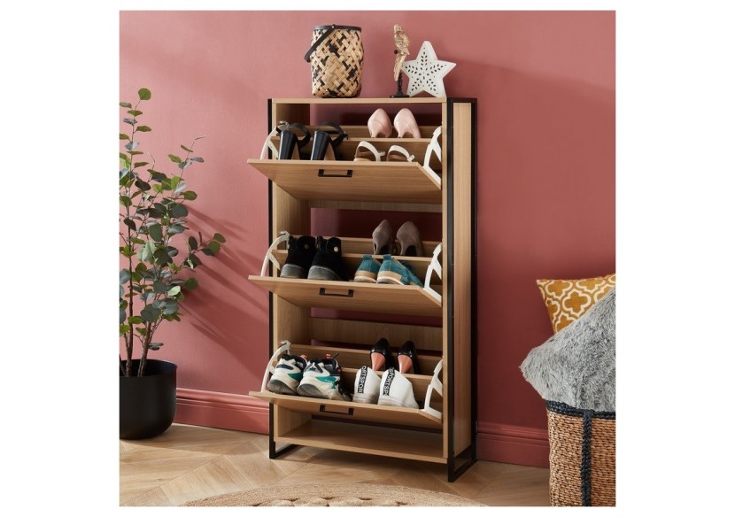 Meuble à chaussures ARCHI effet chêne et métal noir 3 portes 63cm