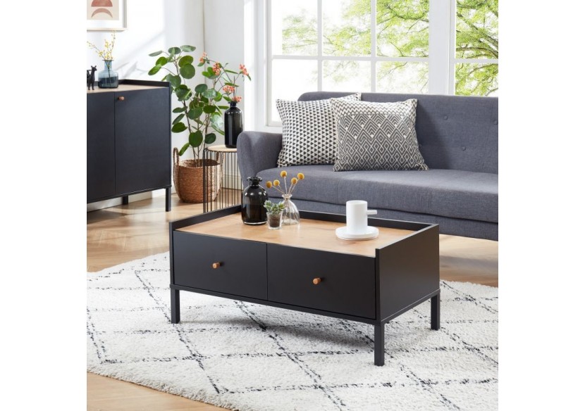 Table basse ARCHI noir et effet bois 90cm