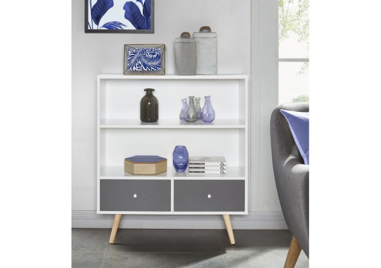 Bibliothèque BABETTE blanc et gris anthracite 2 tiroirs h90cm 2