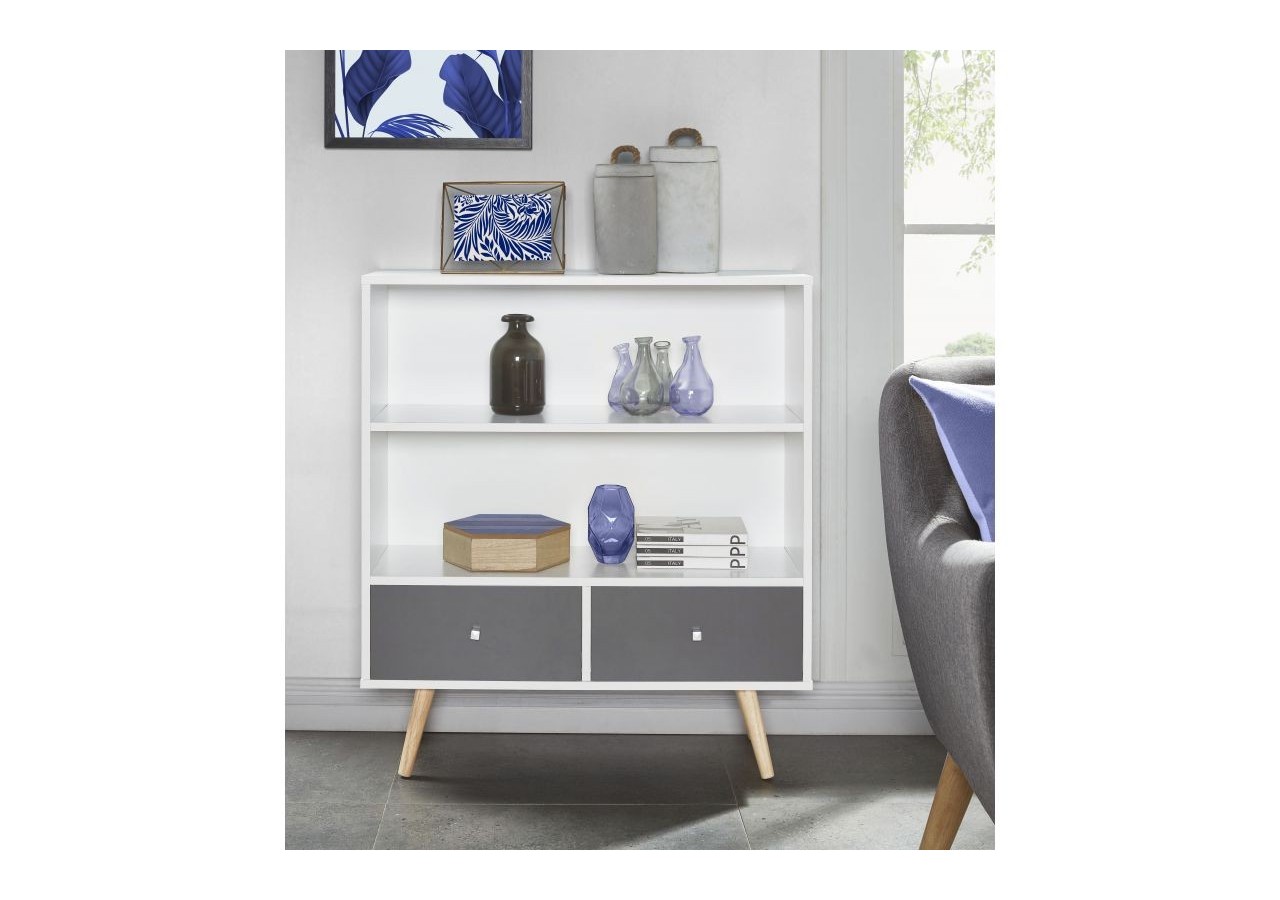 Bibliothèque BABETTE blanc et gris anthracite 2 tiroirs h90cm