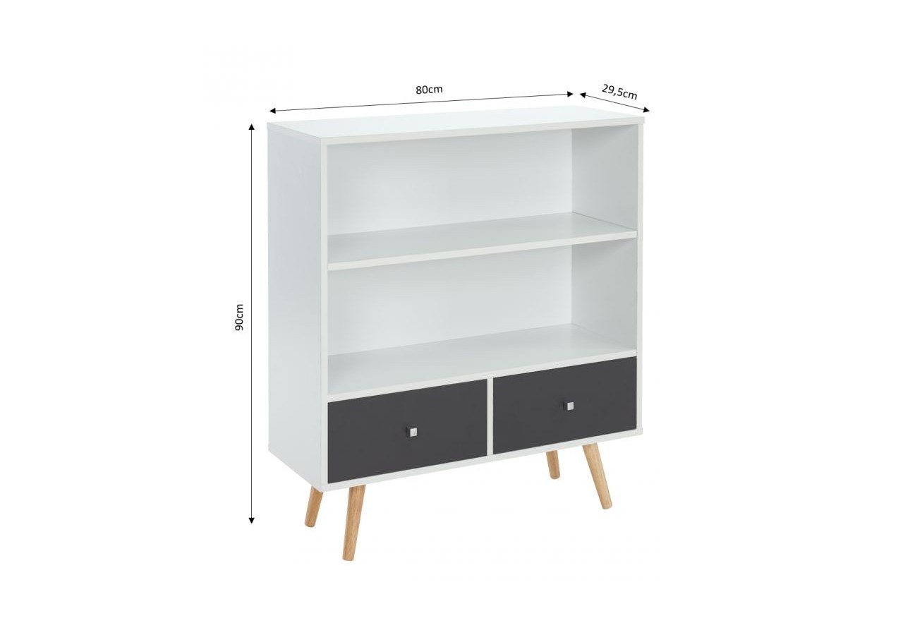 Bibliothèque BABETTE blanc et gris anthracite 2 tiroirs h90cm