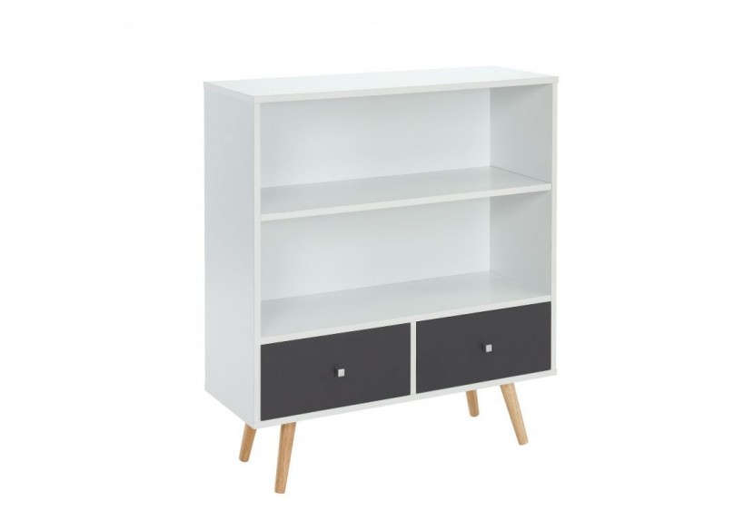 Bibliothèque BABETTE blanc et gris anthracite 2 tiroirs h90cm