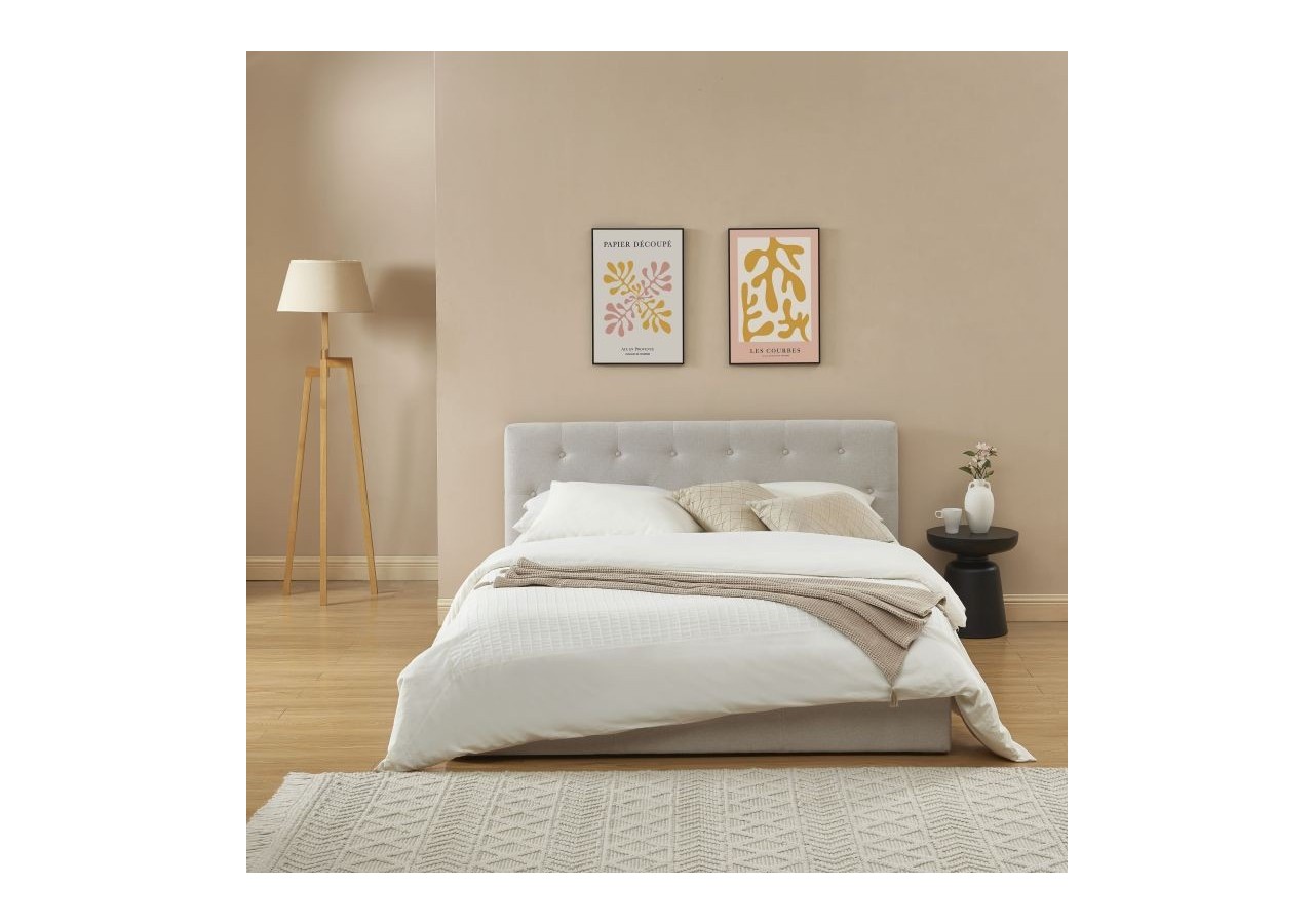 Lit coffre BAHIA tissu beige lin 140x190 sommier inclus