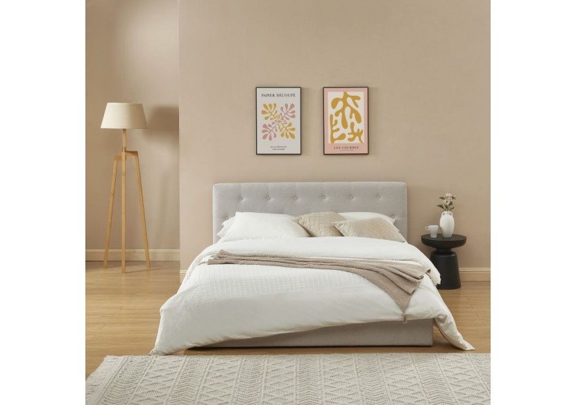 Lit coffre BAHIA tissu beige lin 140x190 sommier inclus