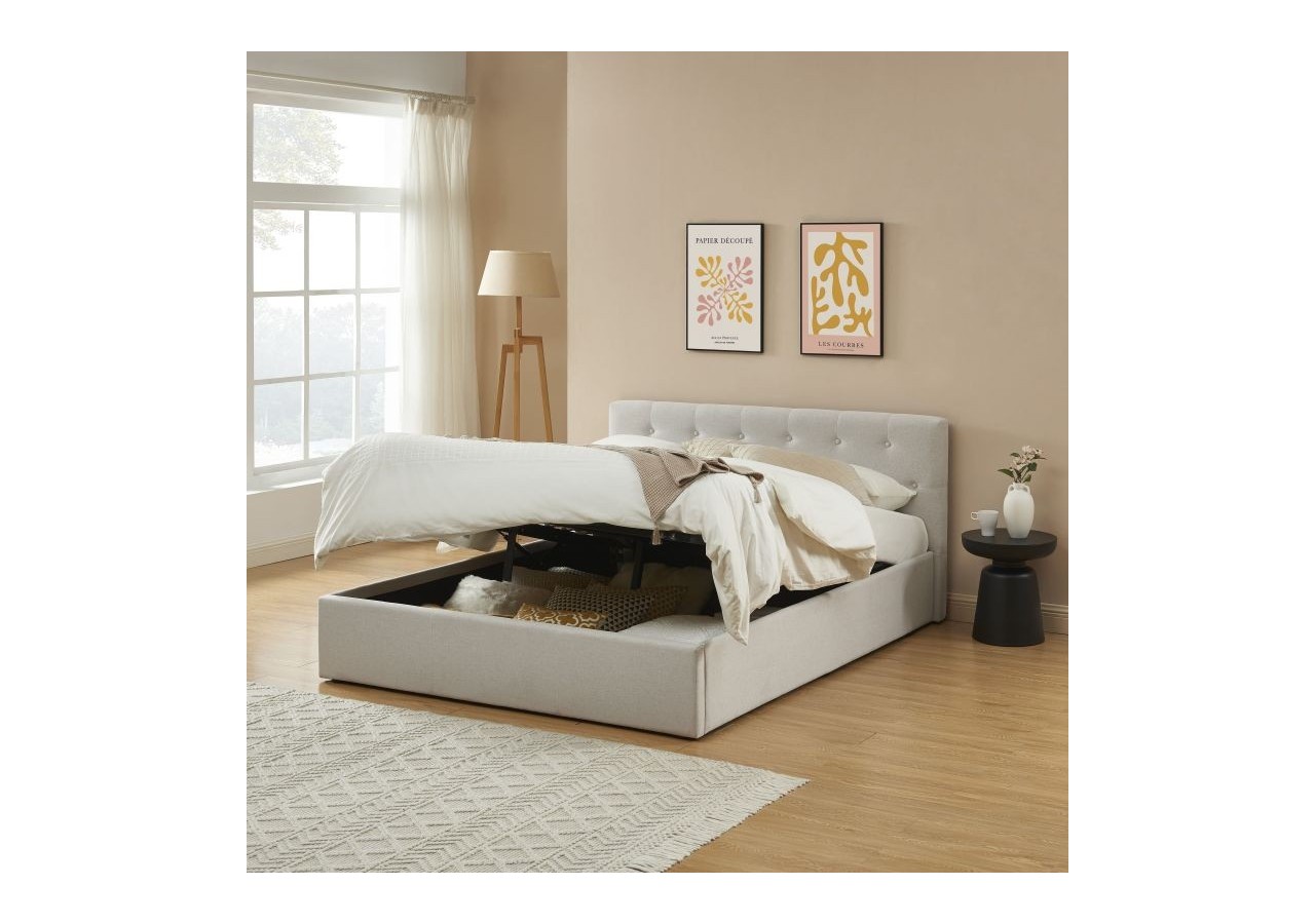 Lit coffre BAHIA tissu beige lin 140x190 sommier inclus