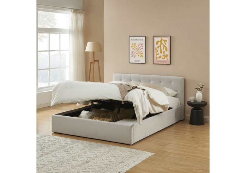 Lit coffre BAHIA tissu beige lin 140x190 sommier inclus