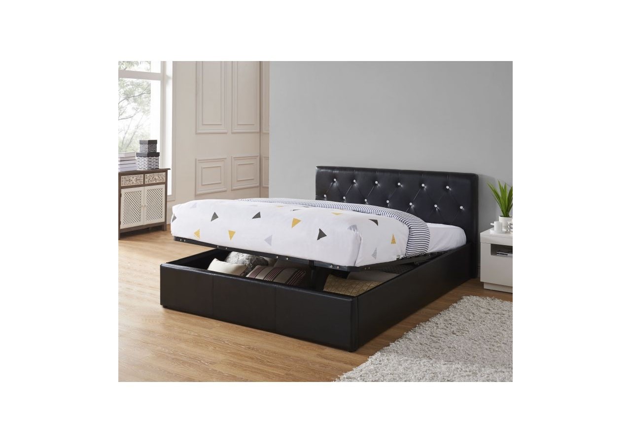 Lit coffre BAHIA simili noir 140x190 sommier inclus