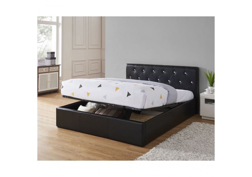Lit coffre BAHIA simili noir 140x190 sommier inclus