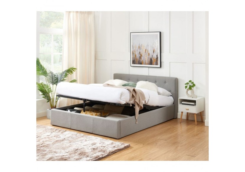 Lit coffre BAHIA tissu gris 160x200 sommier inclus