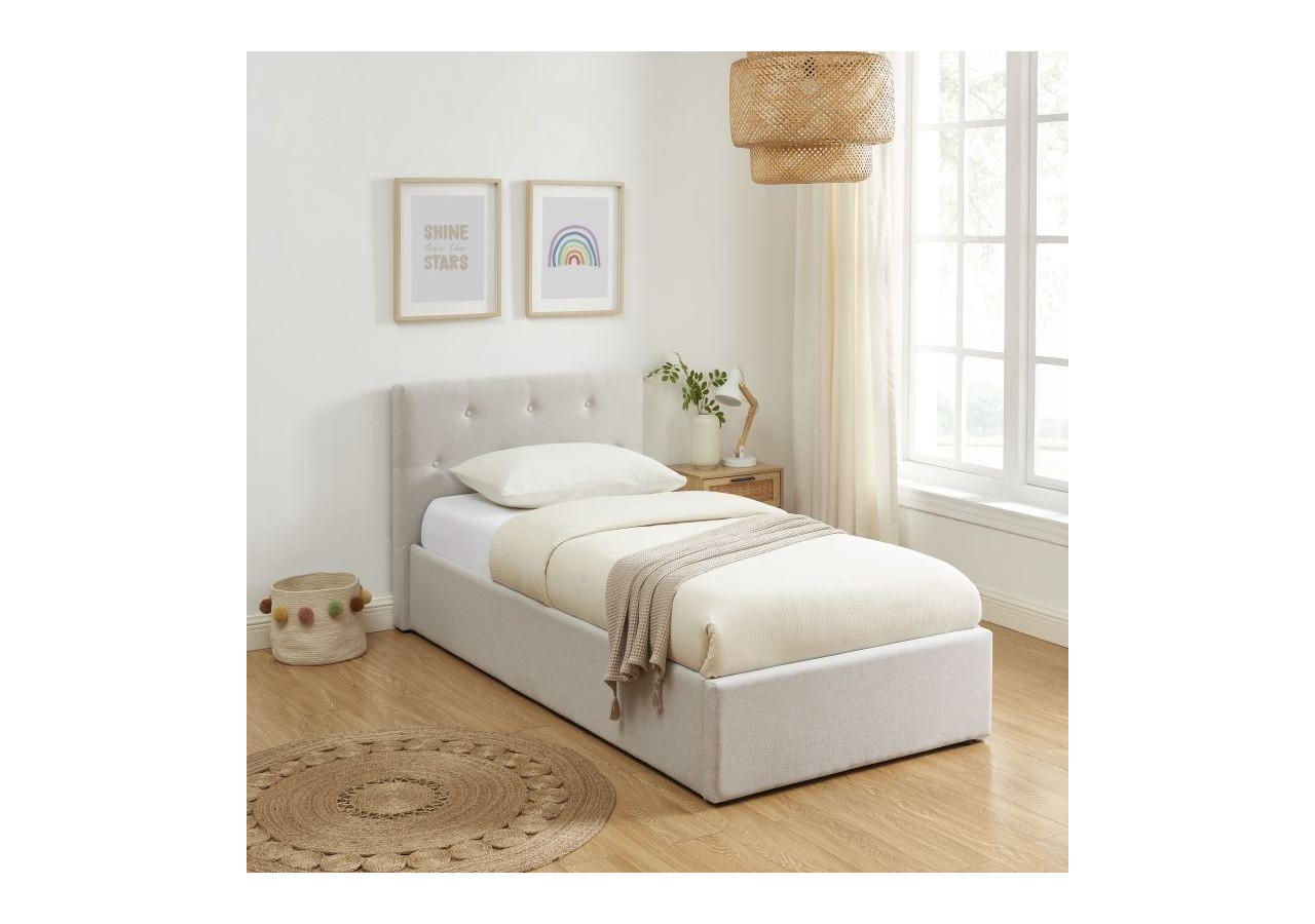 Lit coffre BAHIA tissu beige lin 90x190 sommier inclus