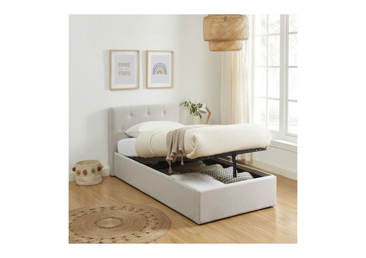 Lit coffre BAHIA tissu beige lin 90x190 sommier inclus