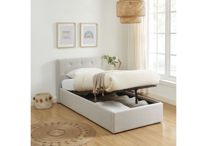 Lit coffre BAHIA tissu beige lin 90x190 sommier inclus