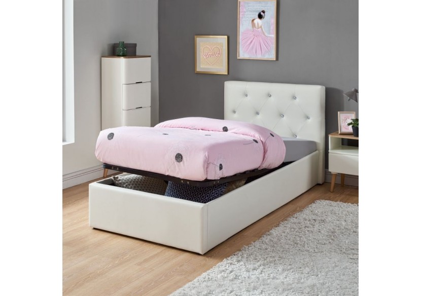 Lit coffre enfant BAHIA simili blanc 90x190 sommier inclus