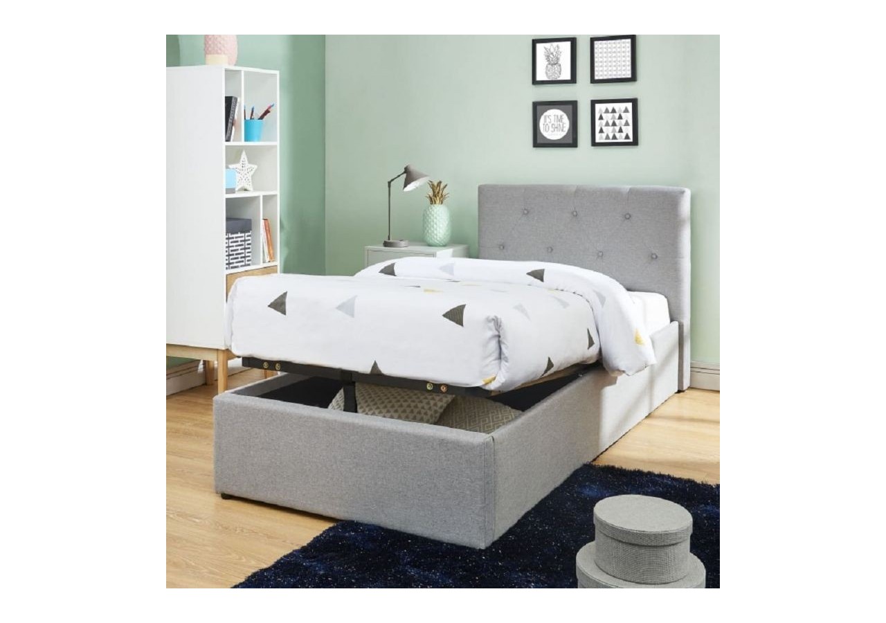 Lit coffre enfant BAHIA tissu gris 90x190 sommier inclus