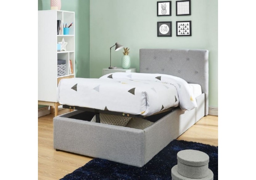 Lit coffre enfant BAHIA tissu gris 90x190 sommier inclus