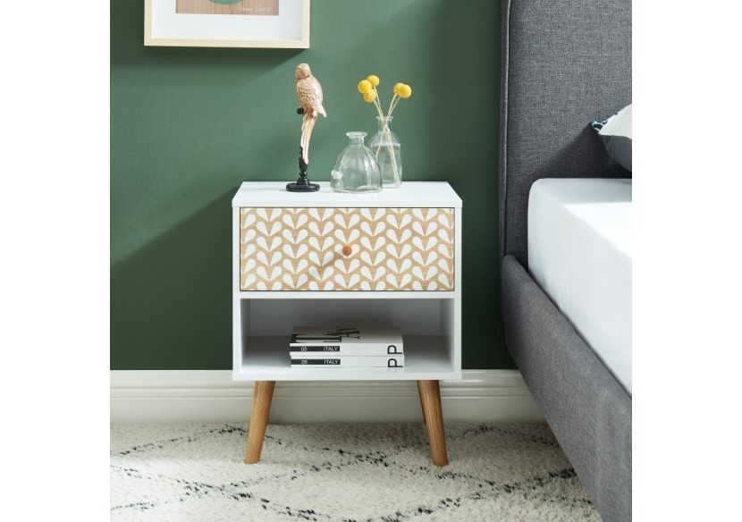 Table de chevet CAPUCINE blanc et effet chêne 40cm