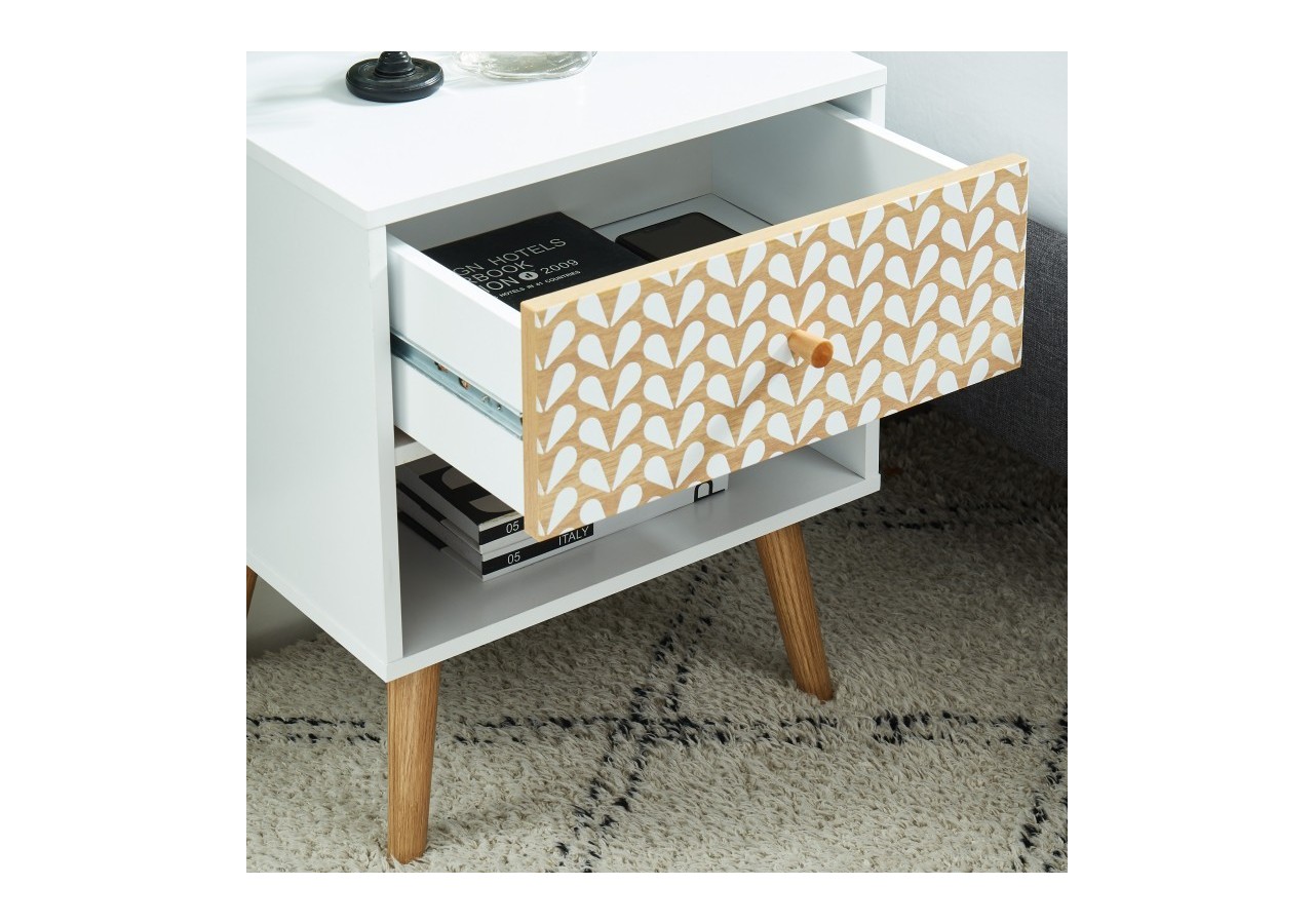 Table de chevet CAPUCINE blanc et effet chêne 40cm