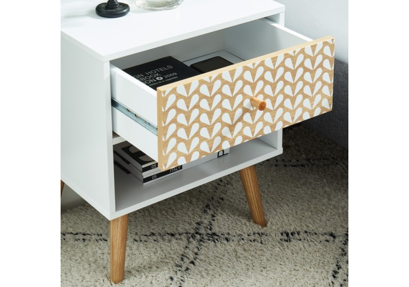 Table de chevet CAPUCINE blanc et effet chêne 40cm