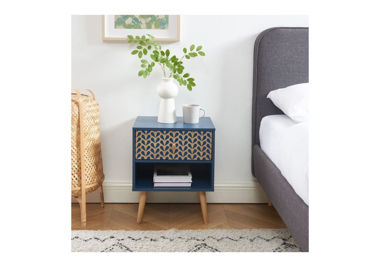 Table de chevet CAPUCINE bleu pétrole et effet chêne 40cm