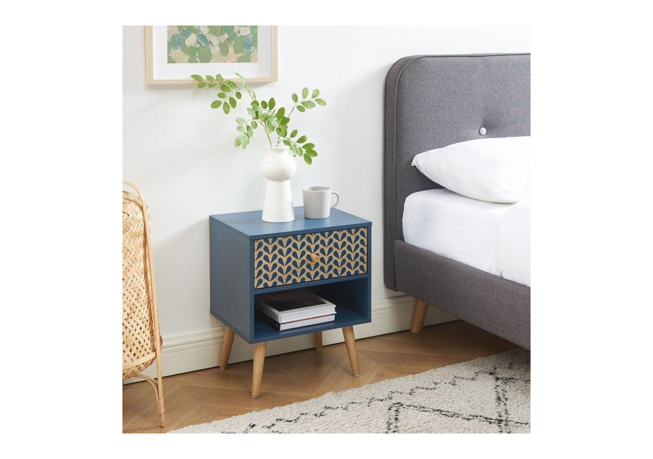 Table de chevet CAPUCINE bleu pétrole et effet chêne 40cm