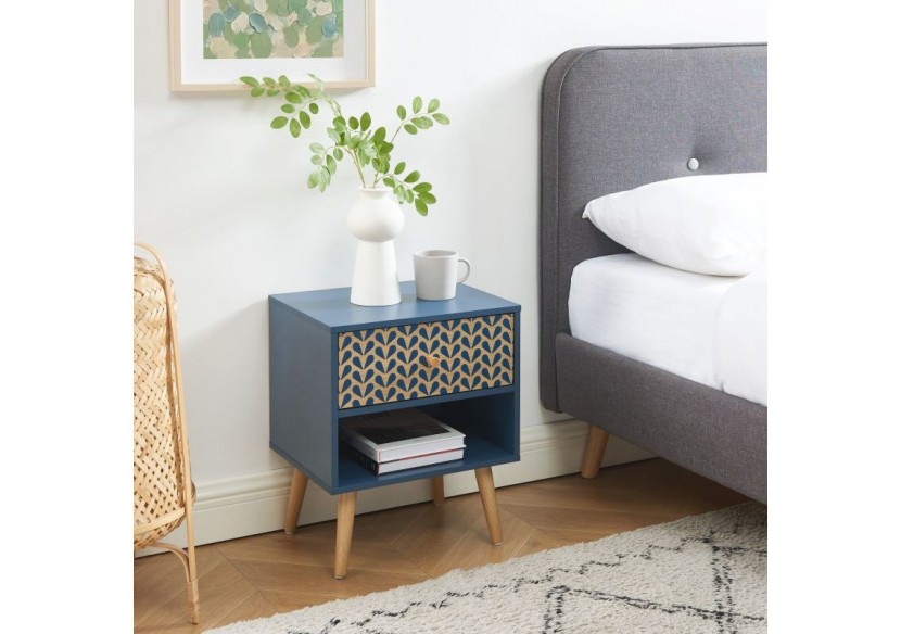 Table de chevet CAPUCINE bleu pétrole et effet chêne 40cm