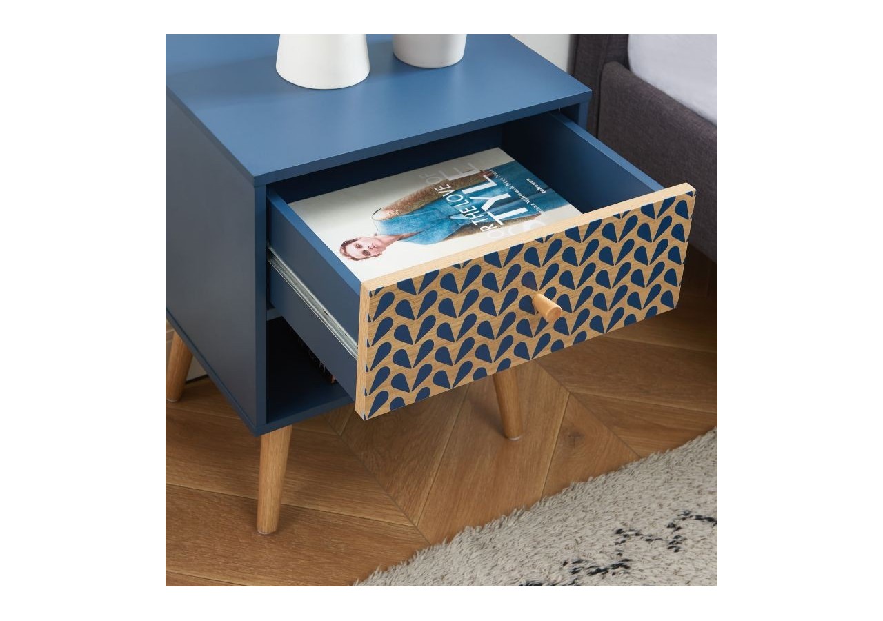Table de chevet CAPUCINE bleu pétrole et effet chêne 40cm
