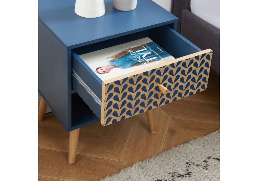 Table de chevet CAPUCINE bleu pétrole et effet chêne 40cm