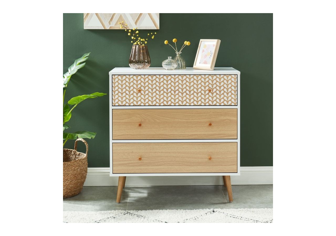 Commode CAPUCINE blanc et effet chêne 3 tiroirs 78cm