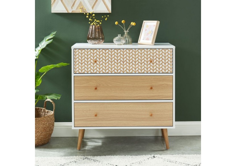 Commode CAPUCINE blanc et effet chêne 3 tiroirs 78cm