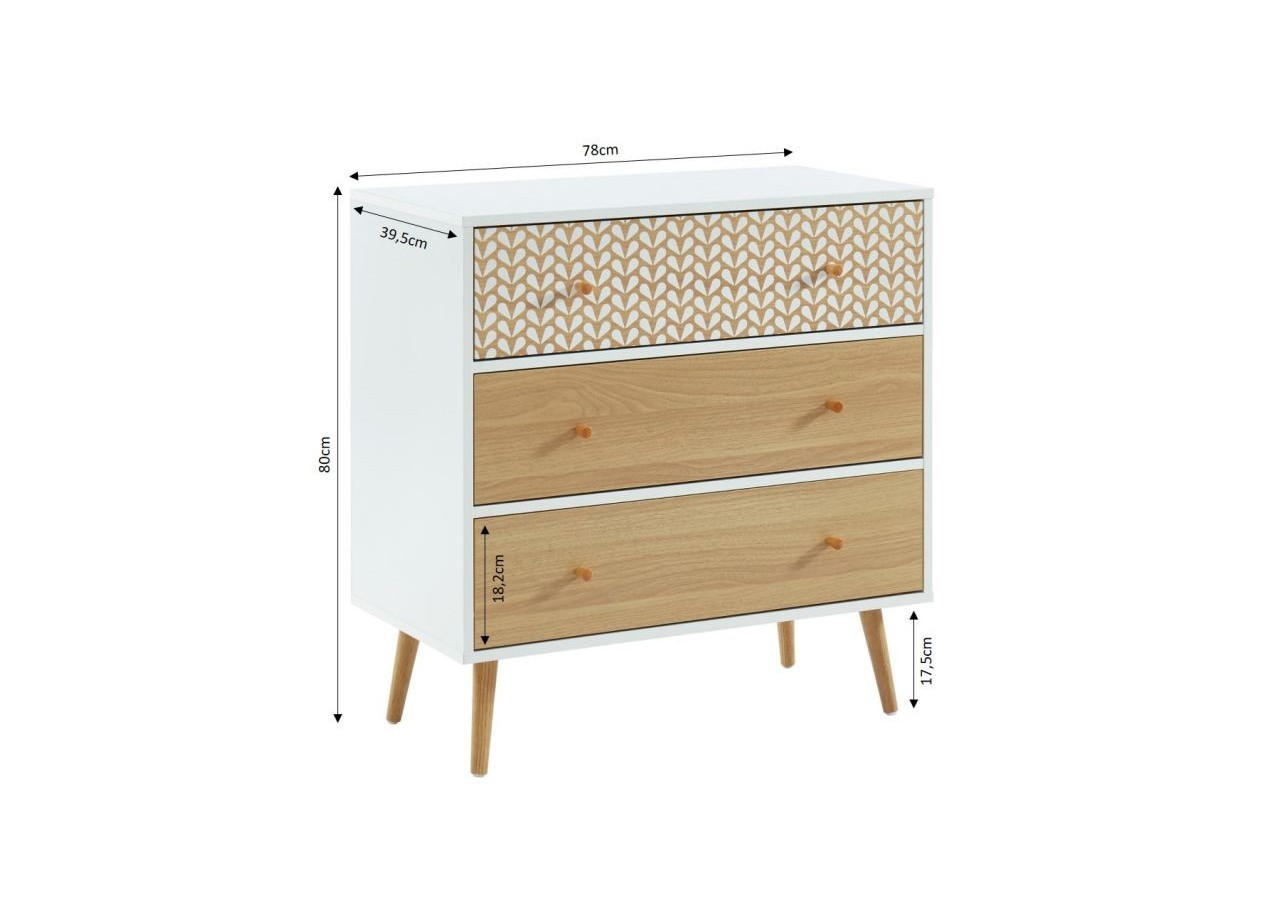 Commode CAPUCINE blanc et effet chêne 3 tiroirs 78cm