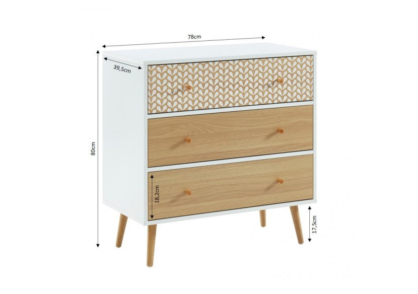 Commode CAPUCINE blanc et effet chêne 3 tiroirs 78cm