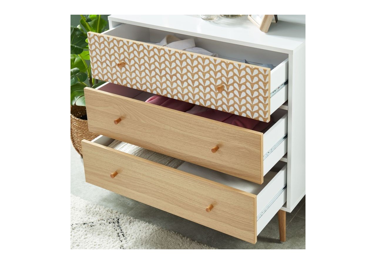 Commode CAPUCINE blanc et effet chêne 3 tiroirs 78cm