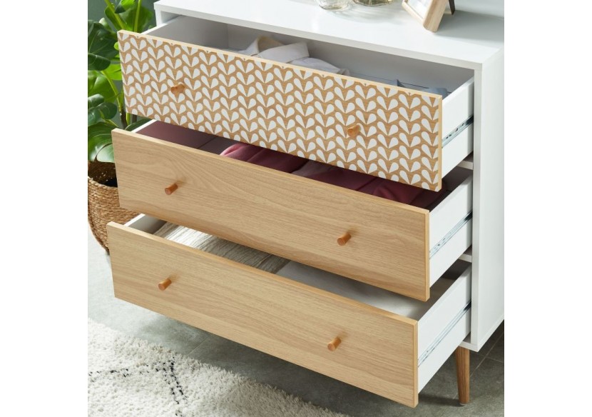 Commode CAPUCINE blanc et effet chêne 3 tiroirs 78cm