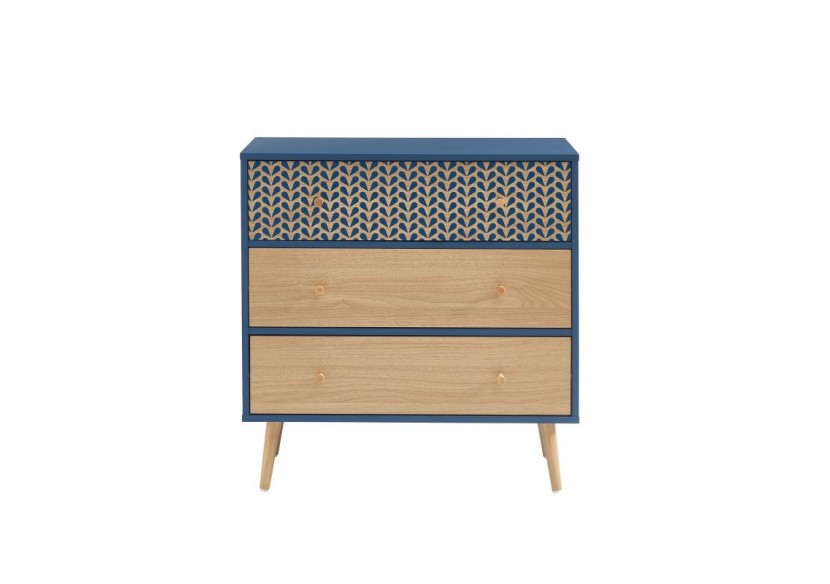 Commode CAPUCINE bleu pétrole et effet chêne 3 tiroirs 78cm